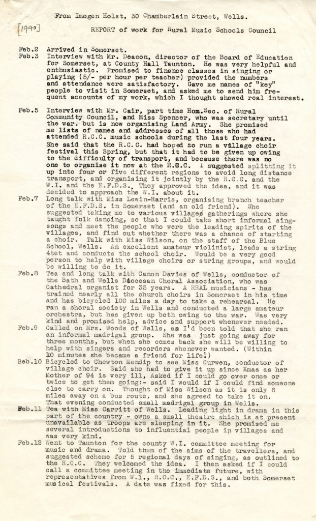 Imogen’s report of her wartime work making music, Feb 1940